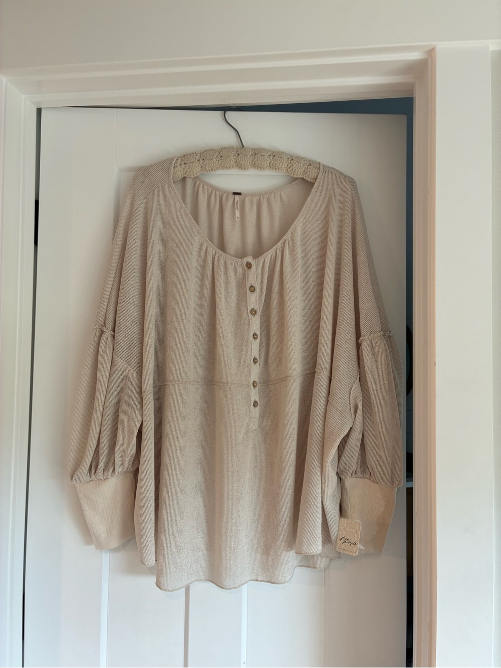 NWT Free People Flowy Cream Peasant Blouse semi sheer buttons XL Fall